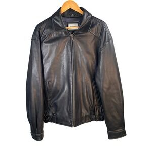 Hathaway Leather Bomber Jacket Mens XL Black Full Zip Classic Minimalist Moto